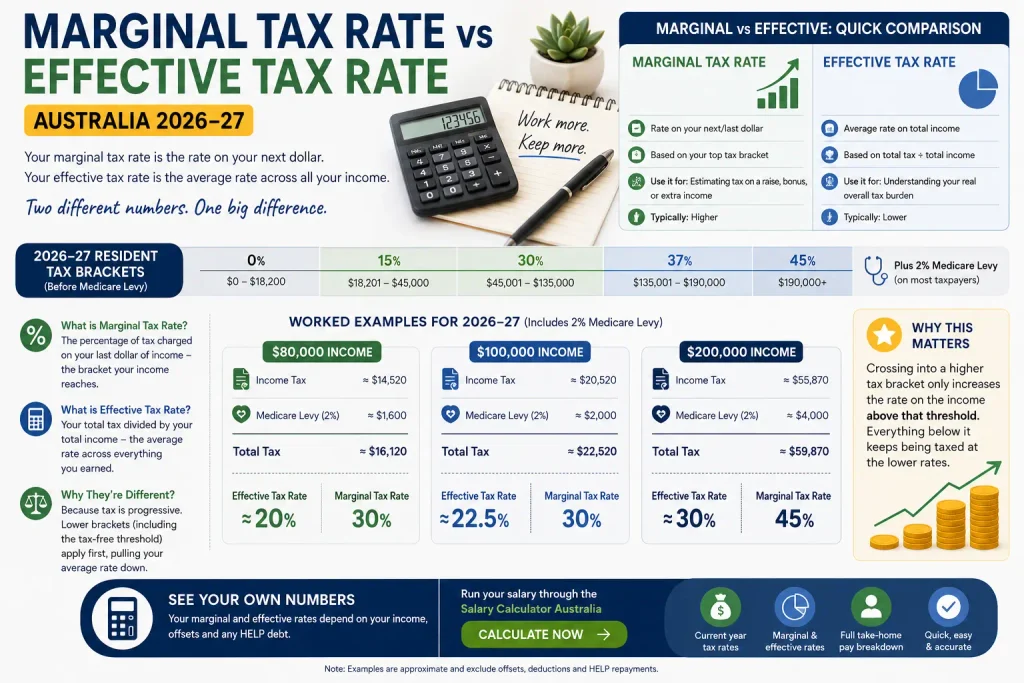 Australia 2026–27 marginal vs effective tax rates with tax brackets and $80k, $100k, and $200k examples