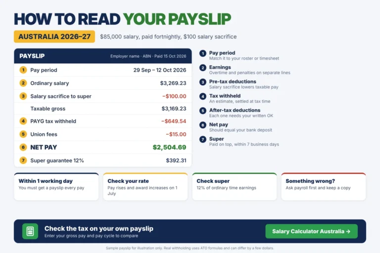 How to read your payslip in Australia: sample fortnightly payslip showing gross pay, salary sacrifice, tax withheld, net pay and super